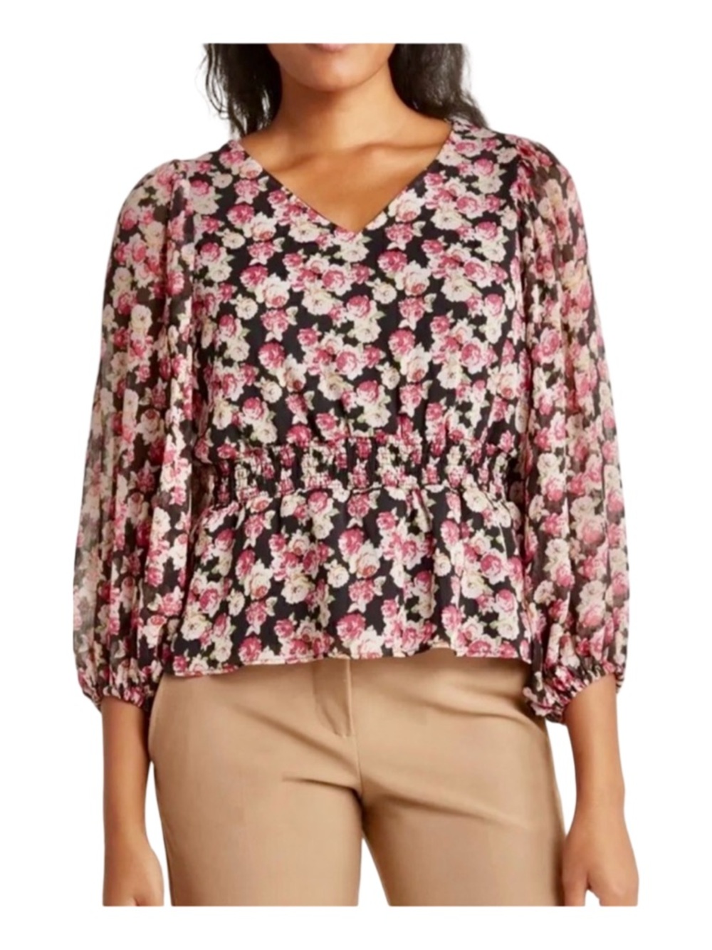 Philosophy Vibrant floral print blooms blouse. Size: Large Color: Black/Pink